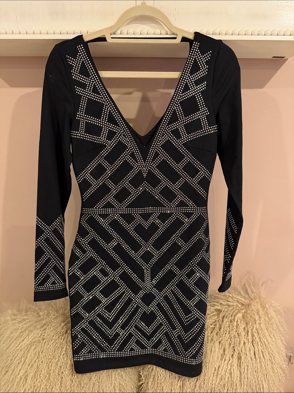 bebe Black V-Neck Long Sleeve Studded Bodycon Dress